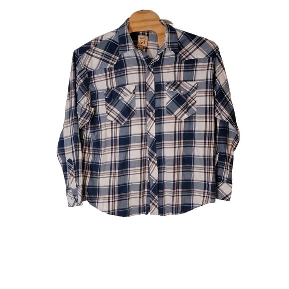 Resistol Double R Pearl Snap Flannel Shirt Size XXL Blue White Brown Plaid - Picture 1 of 5